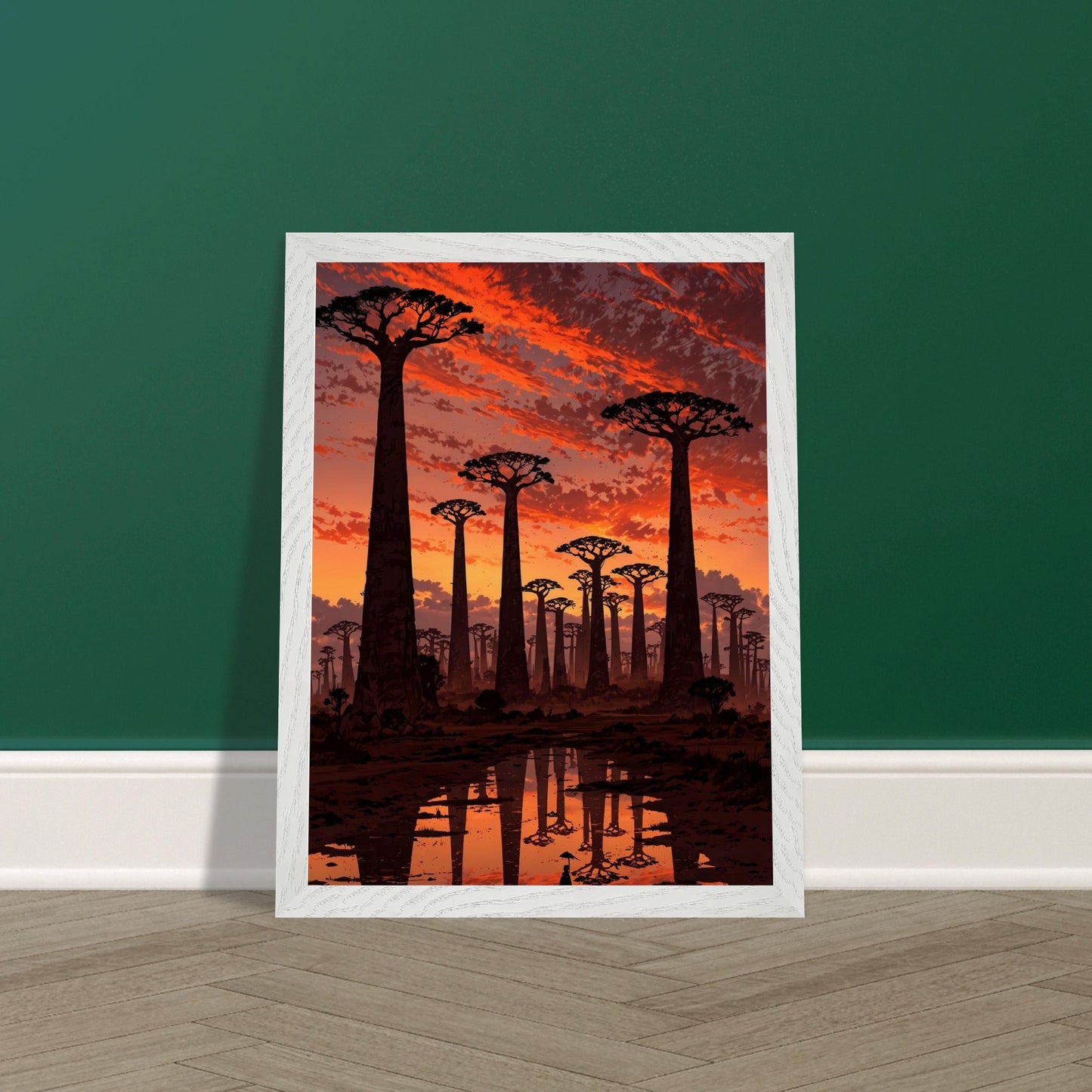 Affiche Baobabs au coucher du soleil Encadrée, cadre blanc 30x40 cm
