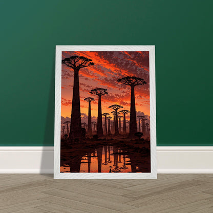 Affiche Baobabs au coucher du soleil Encadrée, cadre blanc 30x40 cm