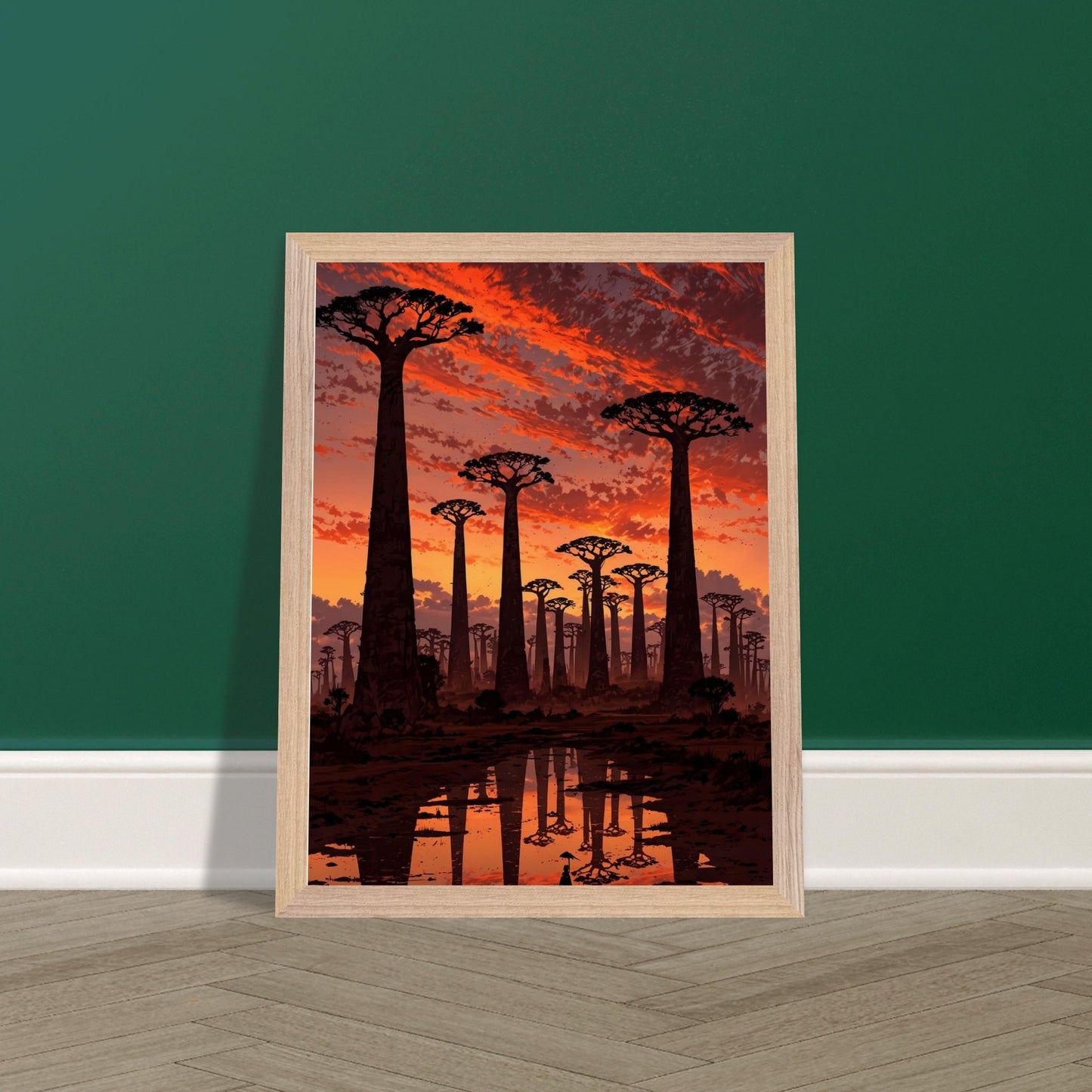 Affiche Baobabs au coucher du soleil Encadrée, cadre bois 30x40 cm