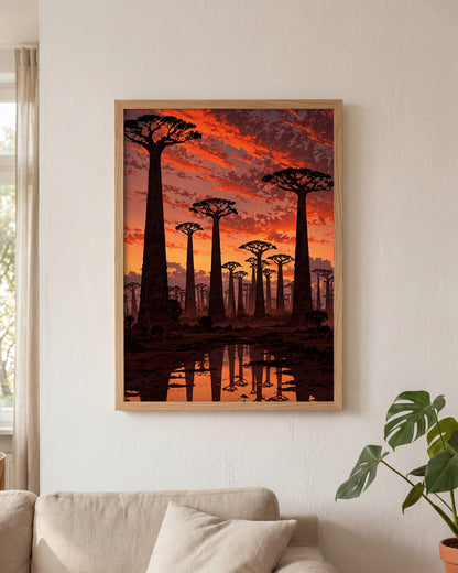 Affiche Baobabs au coucher du soleil Encadrée, mockup en situation dans un interieur, Muchimura
