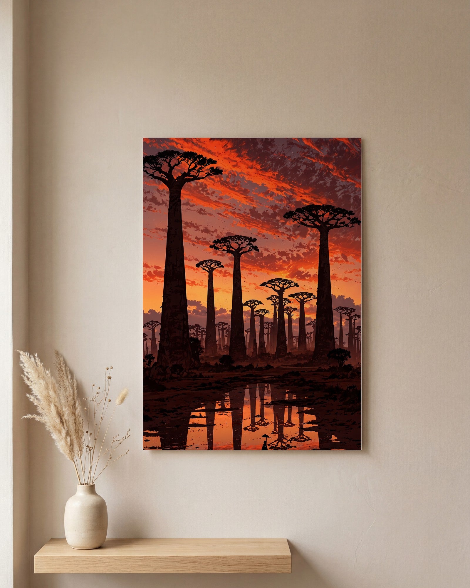 Affiche Baobabs au coucher du soleil, mockup sur un mur epure, Muchimura