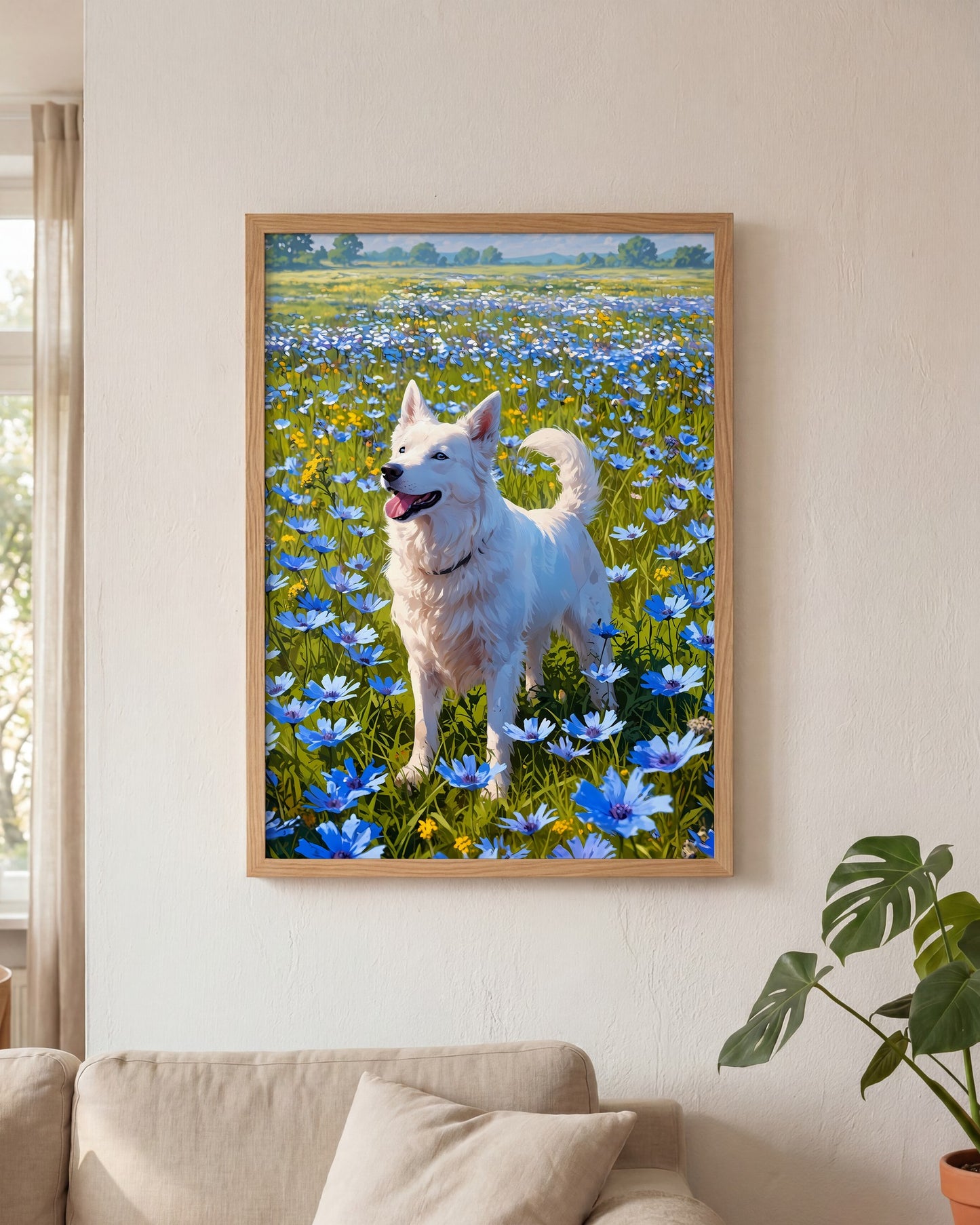 Affiche Berger blanc suisse Encadrée, mockup en situation dans un interieur, Muchimura