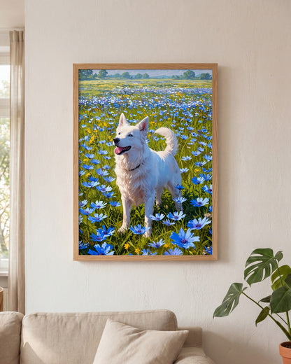 Affiche Berger blanc suisse Encadrée, mockup en situation dans un interieur, Muchimura