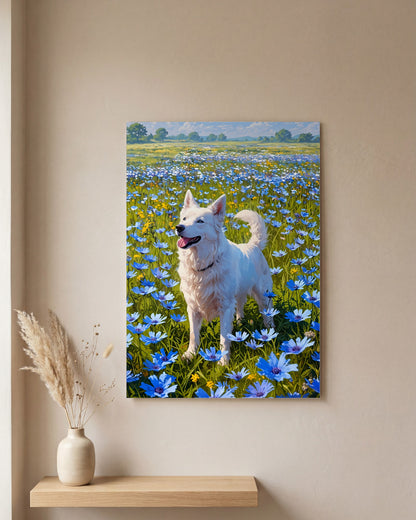 Affiche Berger Blanc Suisse, mockup sur un mur epure, Muchimura