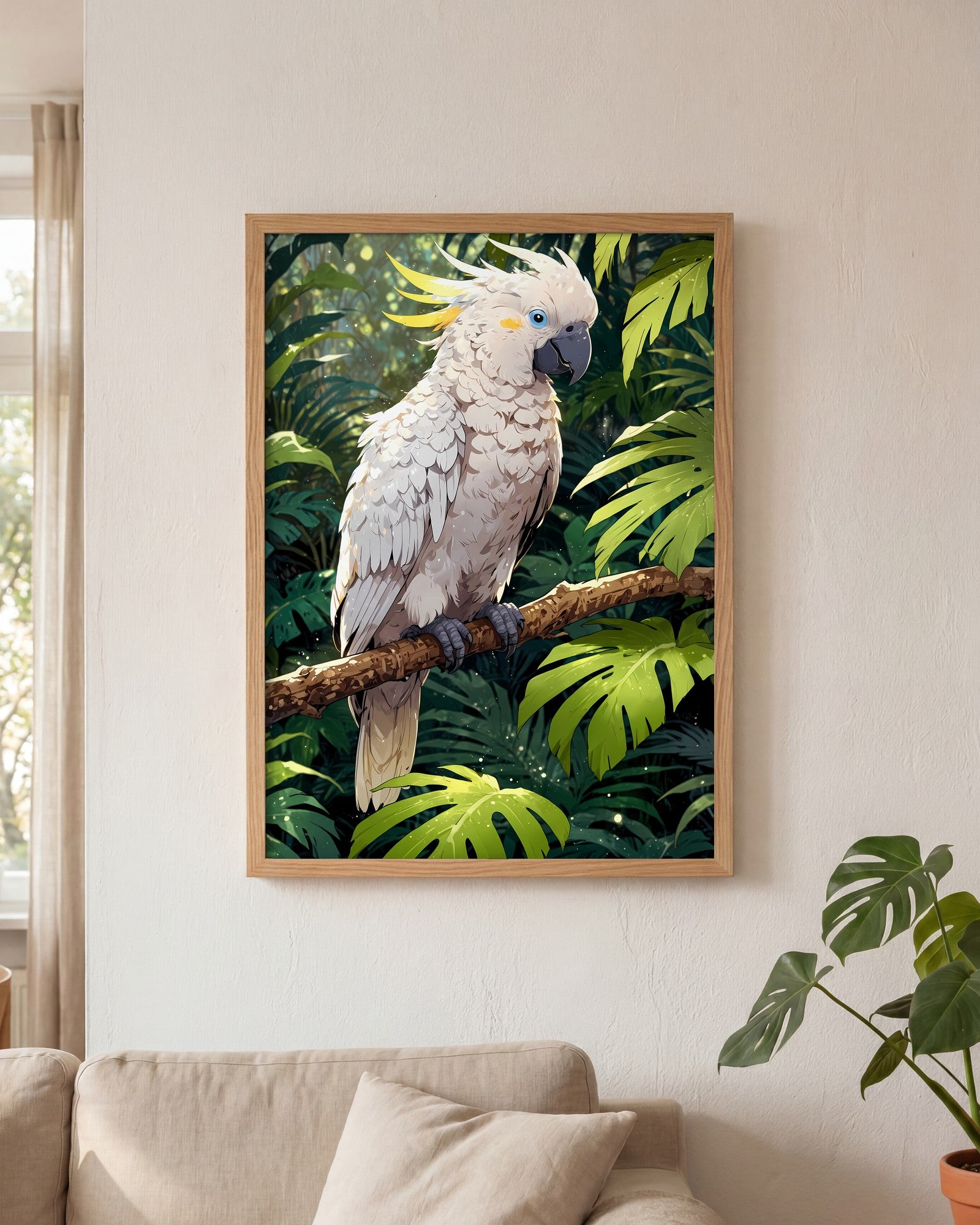 Affiche Cacatoès blanc Encadrée, mockup en situation dans un interieur, Muchimura