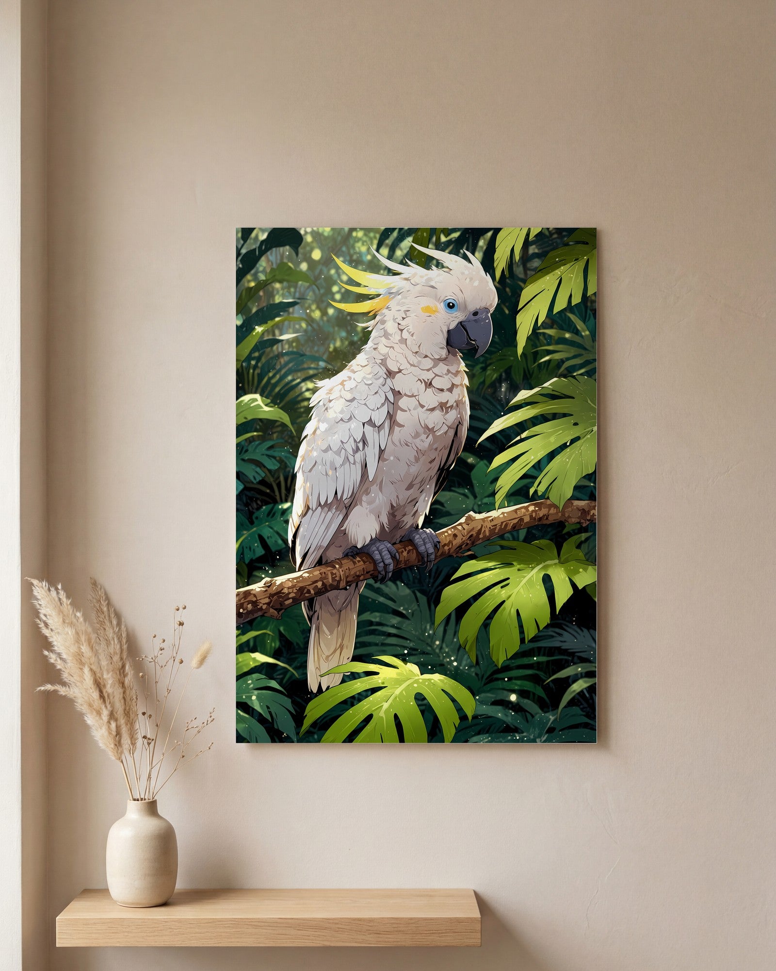 Affiche Cacatoès Blanc, mockup sur un mur epure, Muchimura