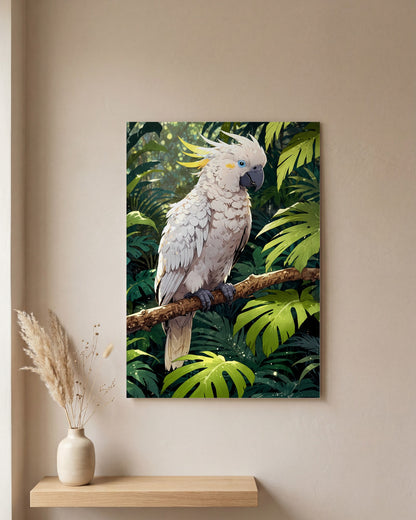 Affiche Cacatoès Blanc, mockup sur un mur epure, Muchimura