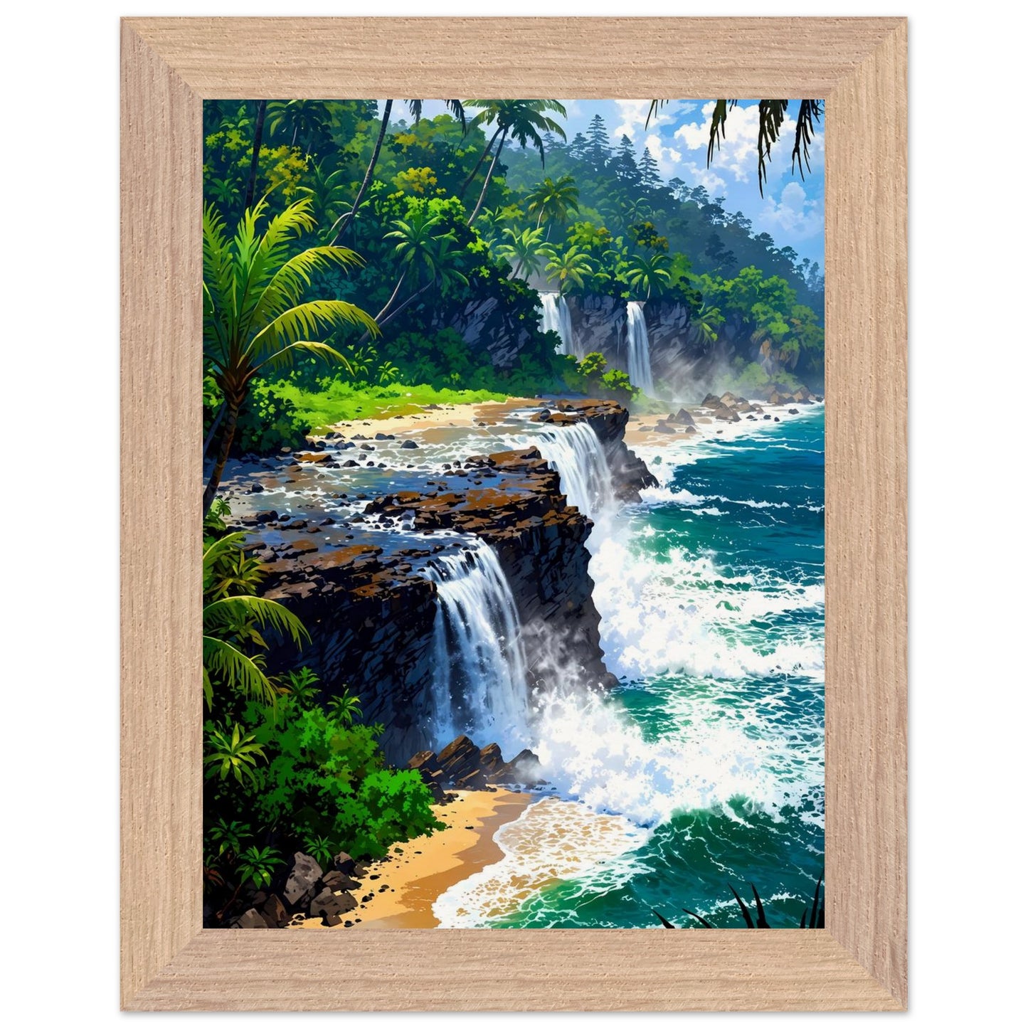 Affiche Cascade Vers Mer Encadrée, cadre bois 15x20 cm