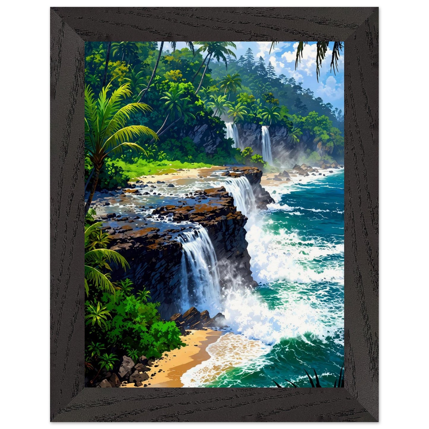 Affiche Cascade Vers Mer Encadrée, cadre noir 15x20 cm