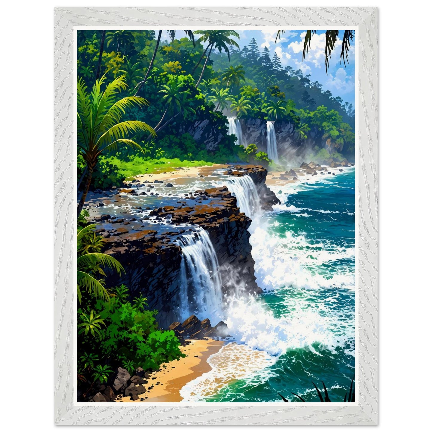 Affiche Cascade Vers Mer Encadrée, cadre blanc 30x40 cm