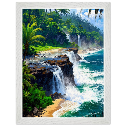 Affiche Cascade Vers Mer Encadrée, cadre blanc 30x40 cm