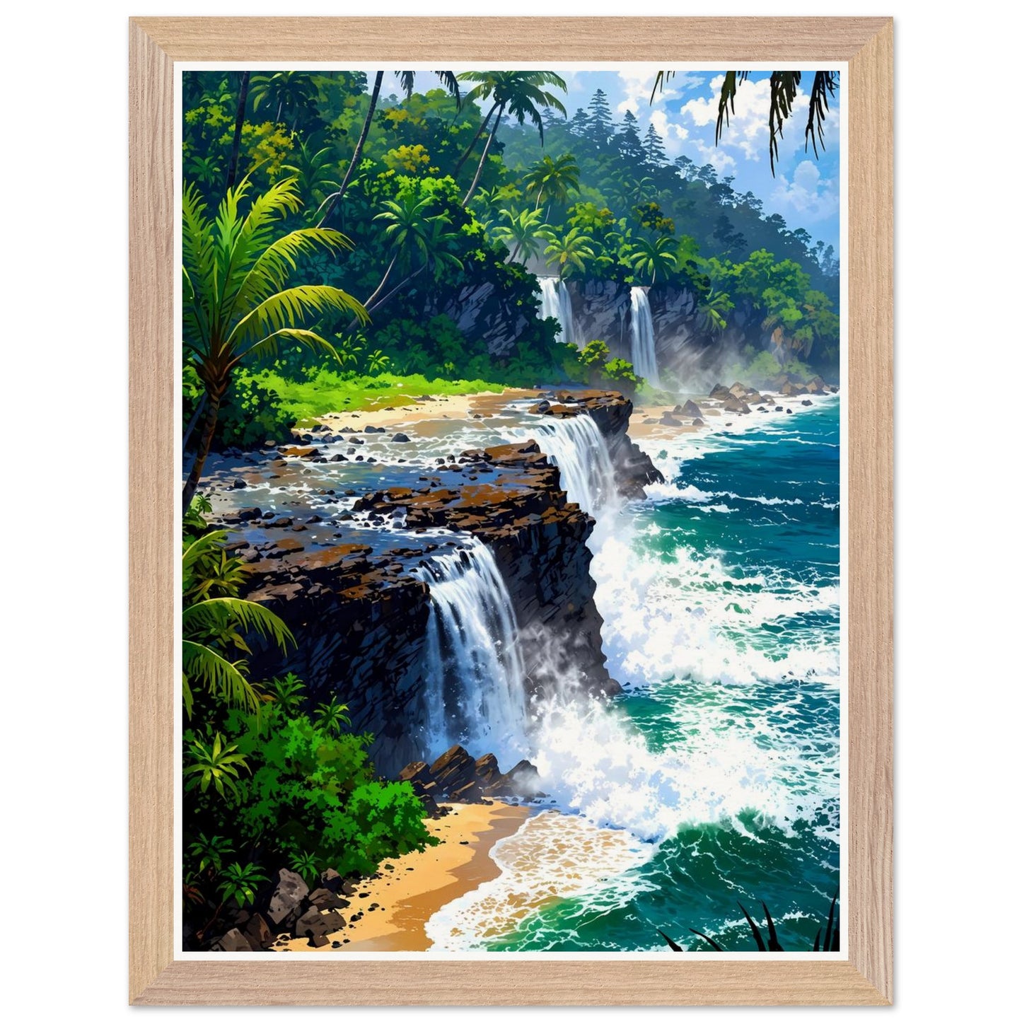 Affiche Cascade Vers Mer Encadrée, cadre bois 30x40 cm