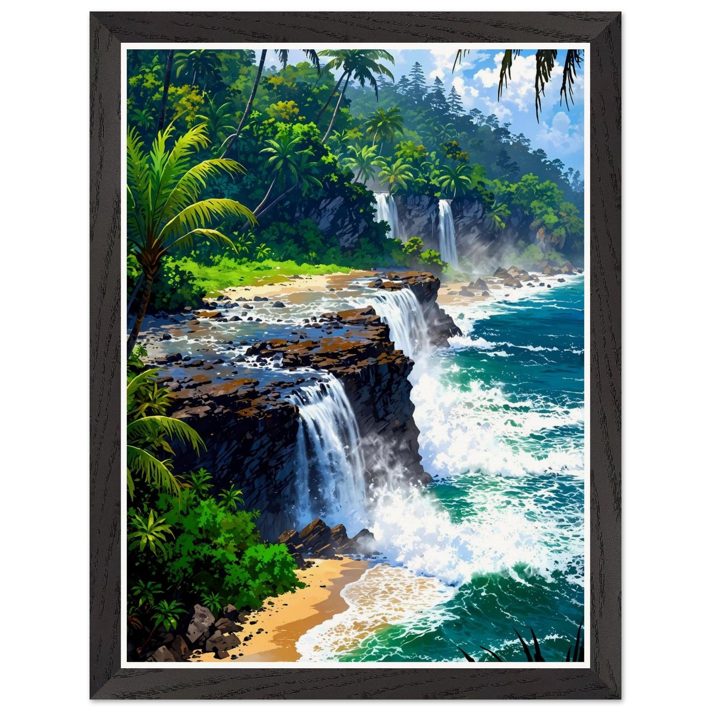 Affiche Cascade Vers Mer Encadrée, cadre noir 30x40 cm