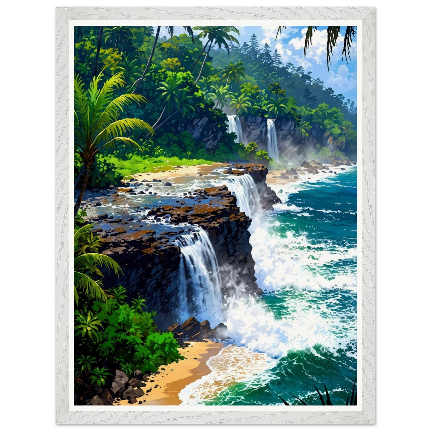 Affiche Cascade Vers Mer Encadrée, cadre blanc 45x60 cm