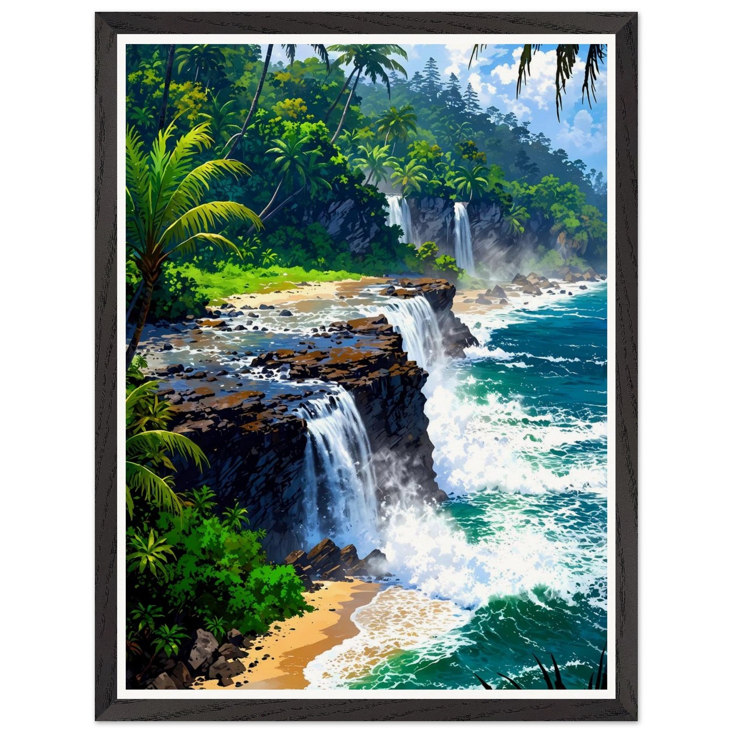 Affiche Cascade Vers Mer Encadrée, cadre noir 45x60 cm