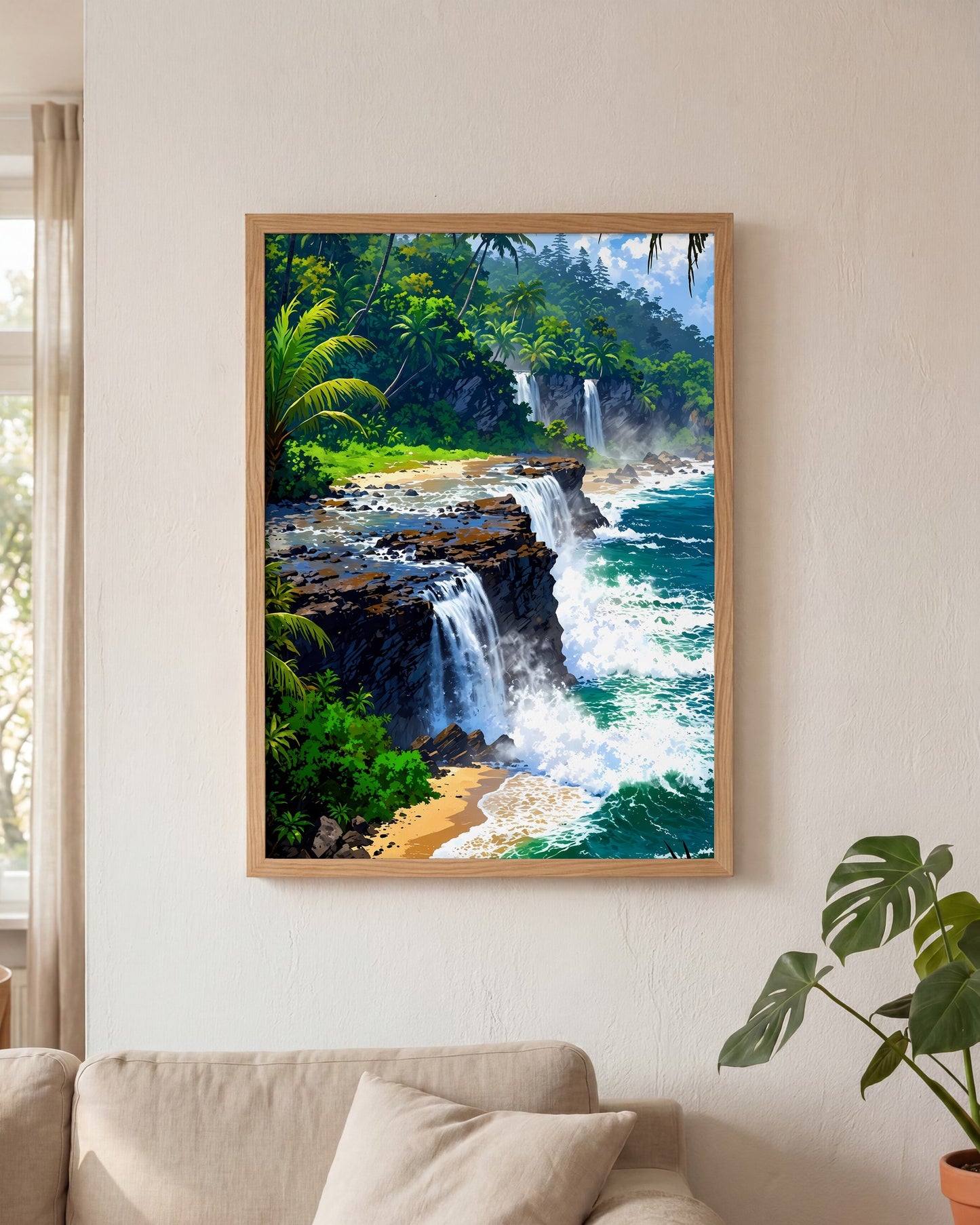 Affiche Cascade Vers Mer Encadrée, mockup en situation dans un interieur, Muchimura
