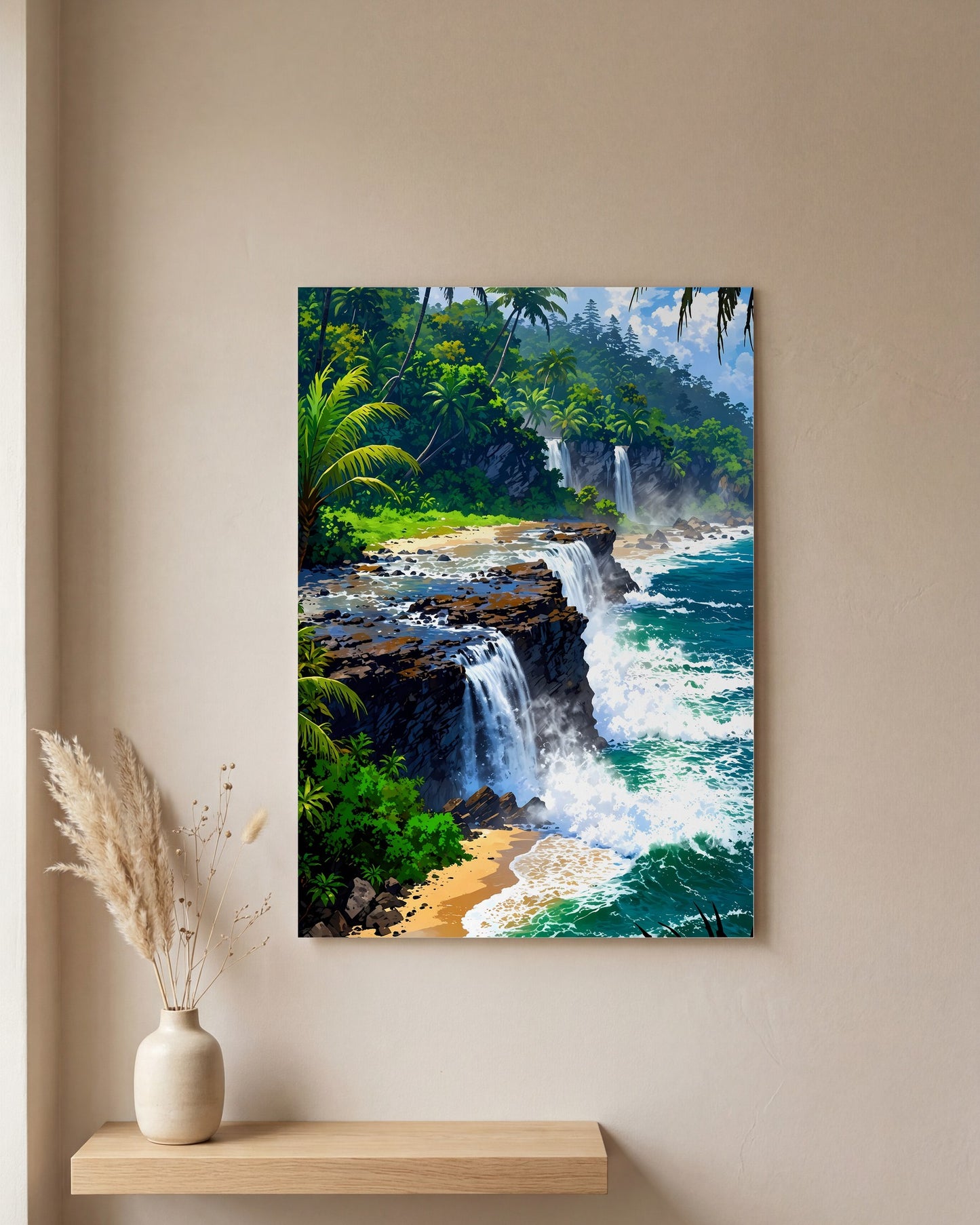 Affiche Cascade Vers Mer, mockup sur un mur epure, Muchimura
