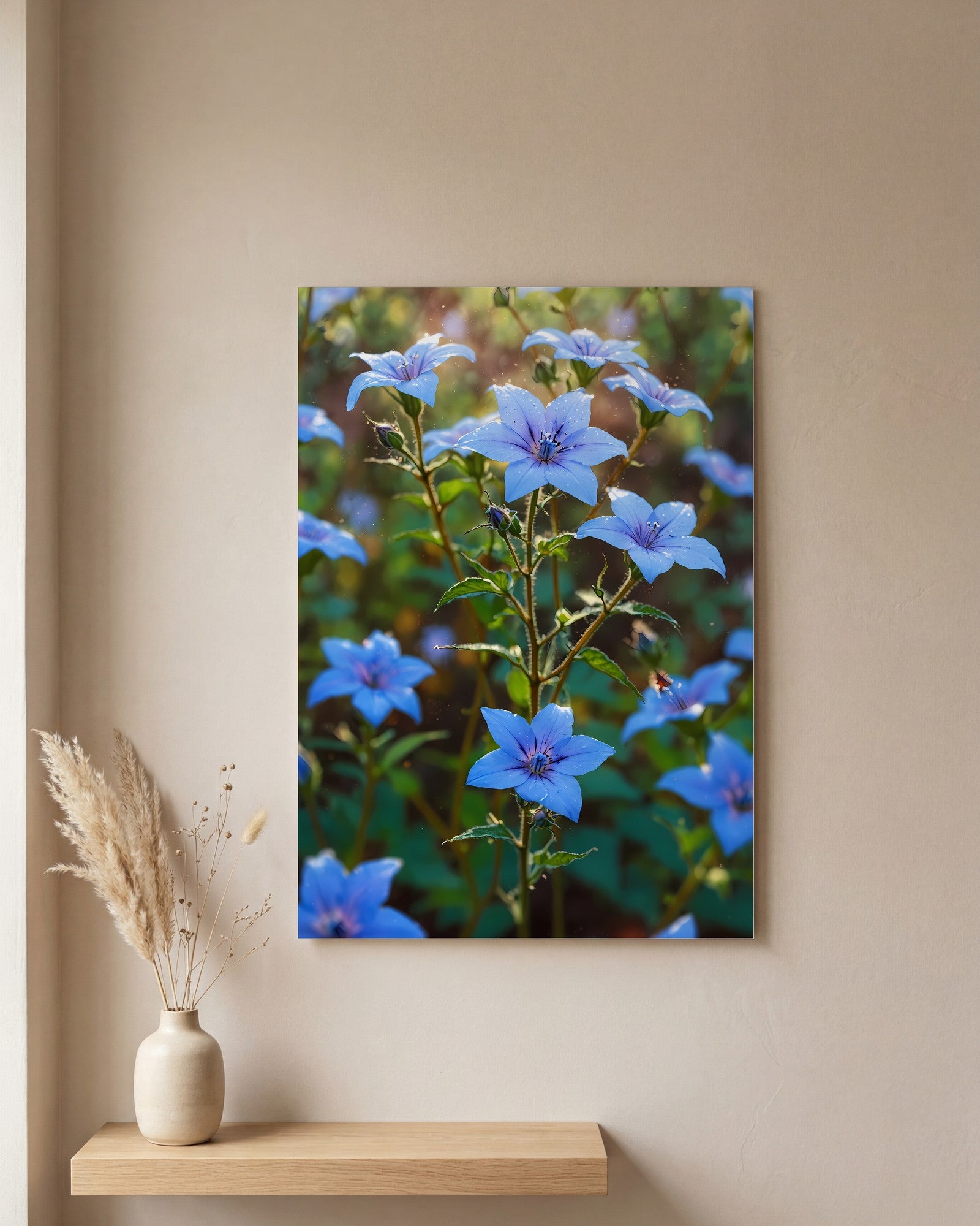 Affiche Champ de Bourrache Bleue, mockup sur un mur epure, Muchimura