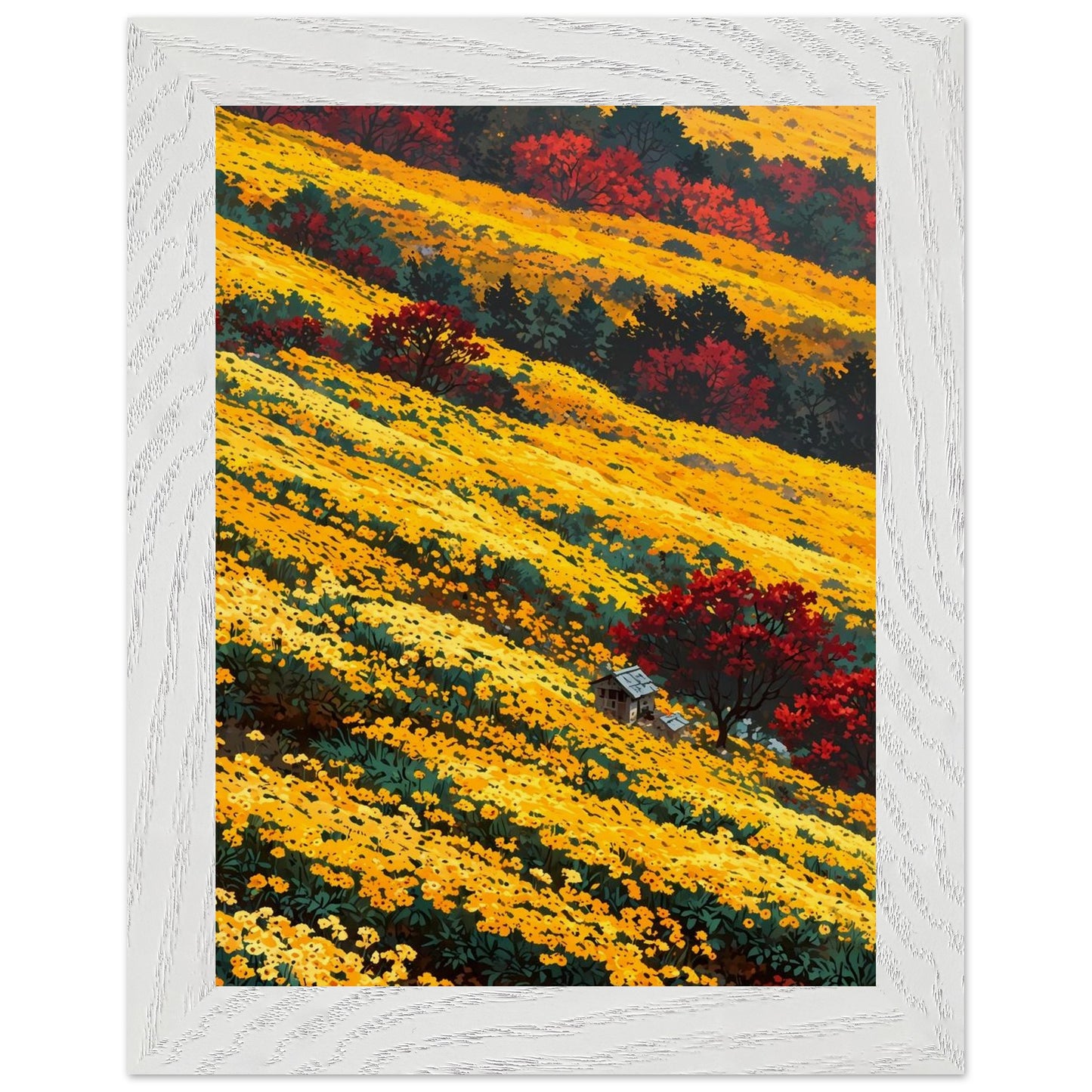 Affiche Champ de chrysanthèmes jaunes Encadrée, cadre blanc 15x20 cm