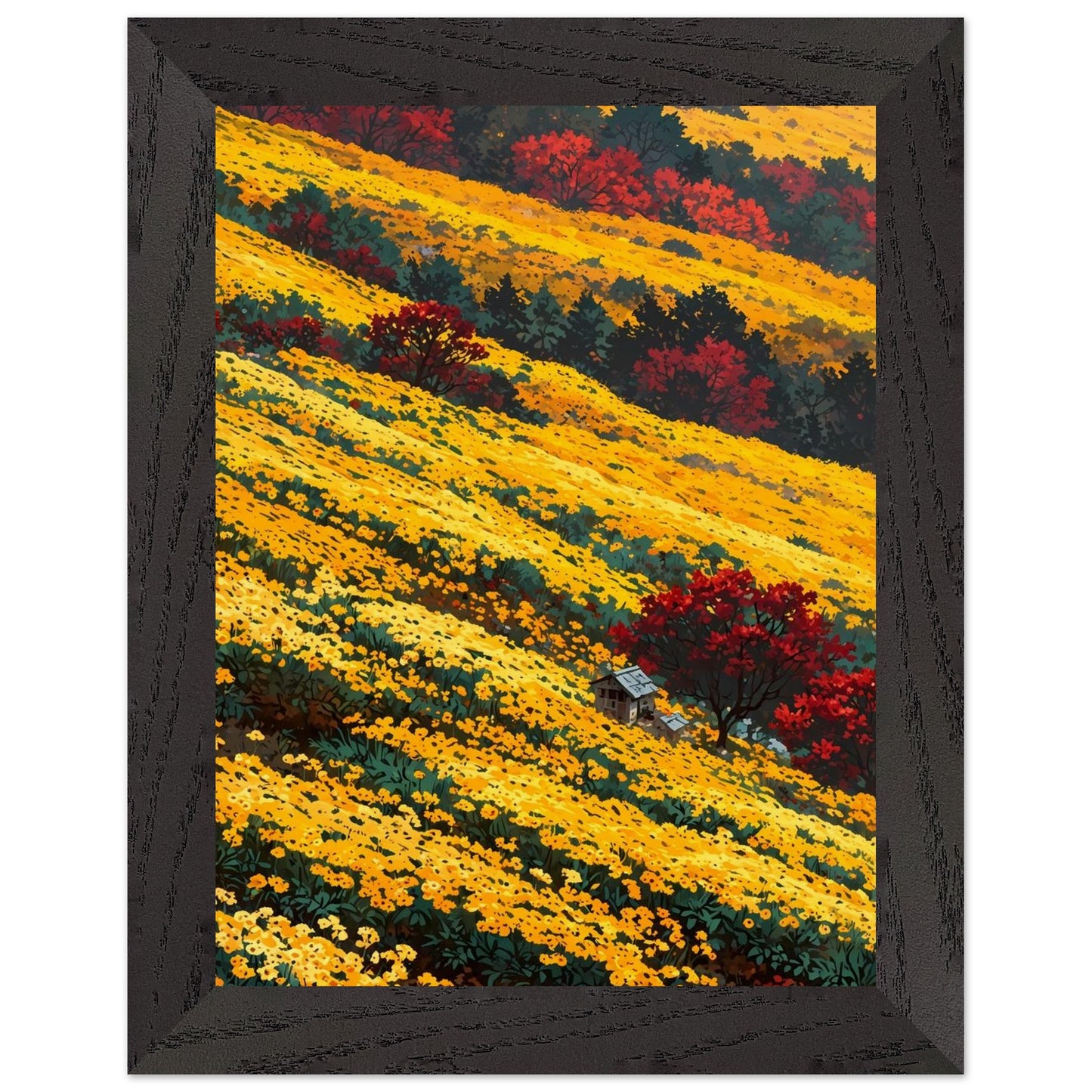Affiche Champ de chrysanthèmes jaunes Encadrée, cadre noir 15x20 cm