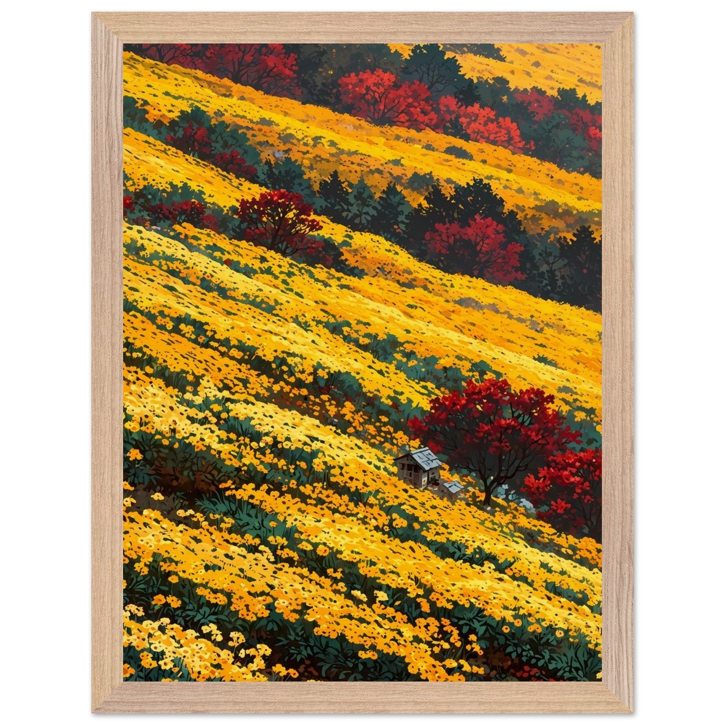 Affiche Champ de chrysanthèmes jaunes Encadrée, cadre bois 30x40 cm