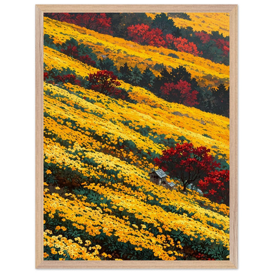 Affiche Champ de chrysanthèmes jaunes Encadrée, cadre bois 45x60 cm