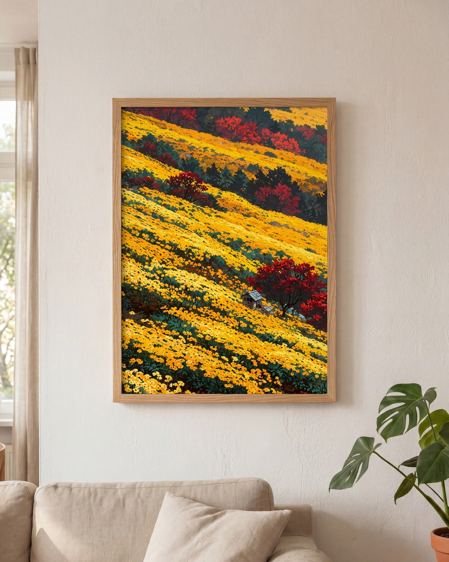 Affiche Champ de chrysanthèmes jaunes Encadrée, mockup en situation dans un interieur, Muchimura