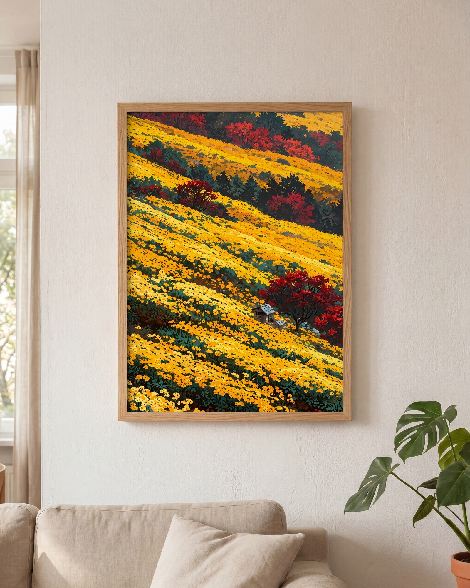 Affiche Champ de chrysanthèmes jaunes Encadrée, mockup en situation dans un interieur, Muchimura