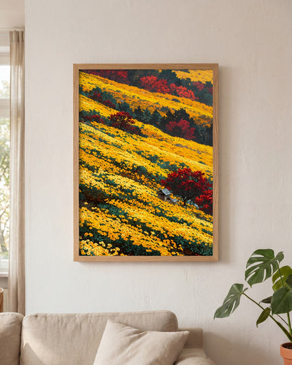 Affiche Champ de chrysanthèmes jaunes Encadrée, mockup en situation dans un interieur, Muchimura