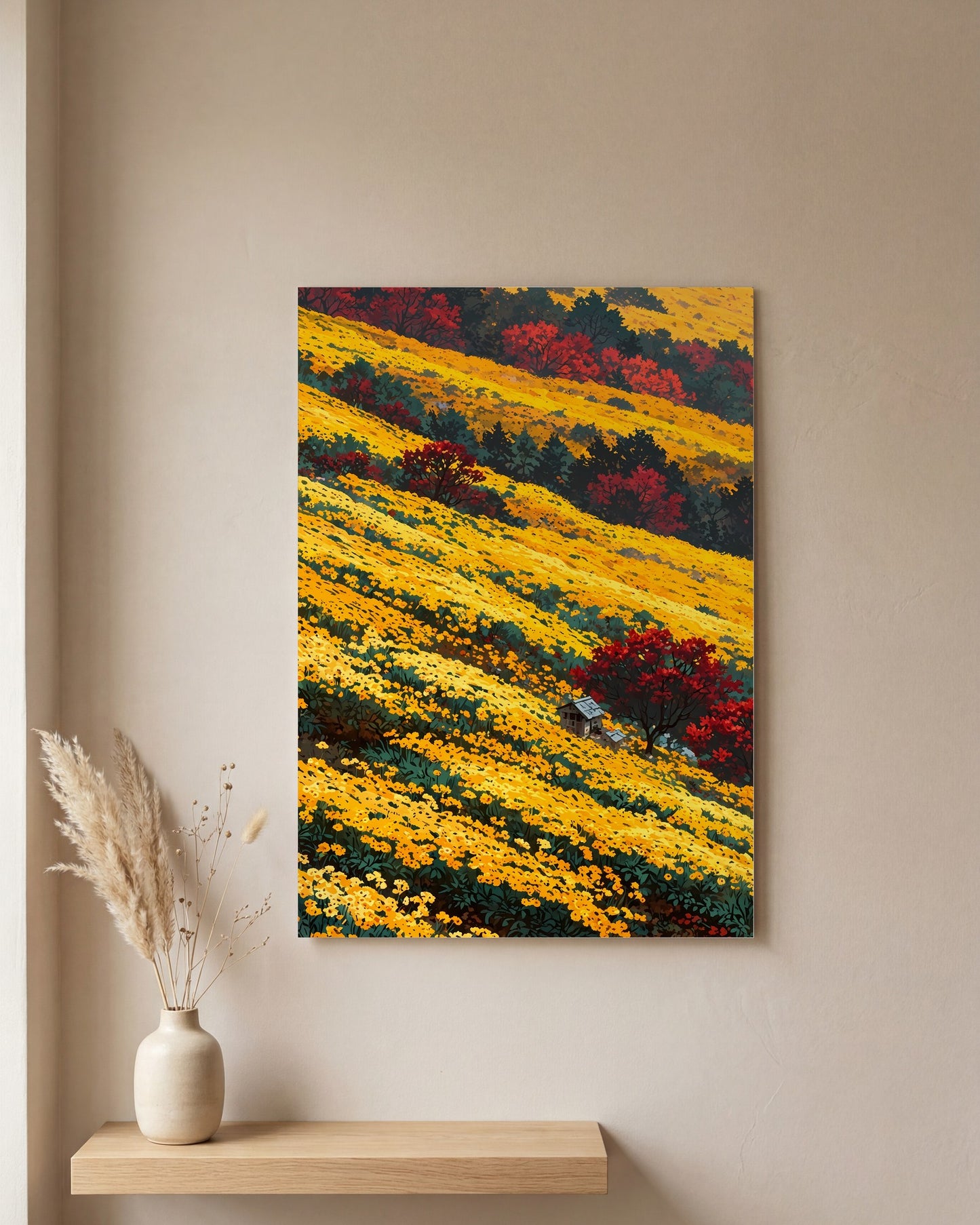 Affiche Champ de Chrysanthèmes Jaunes, mockup sur un mur epure, Muchimura