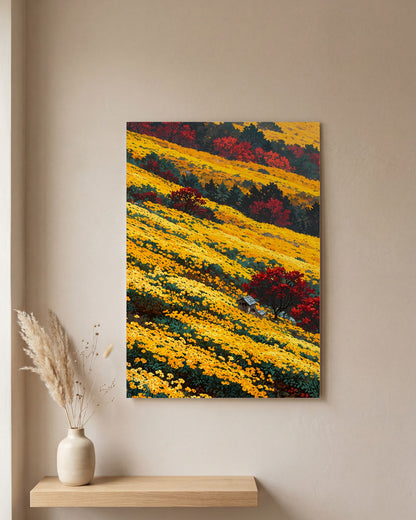 Affiche Champ de Chrysanthèmes Jaunes, mockup sur un mur epure, Muchimura