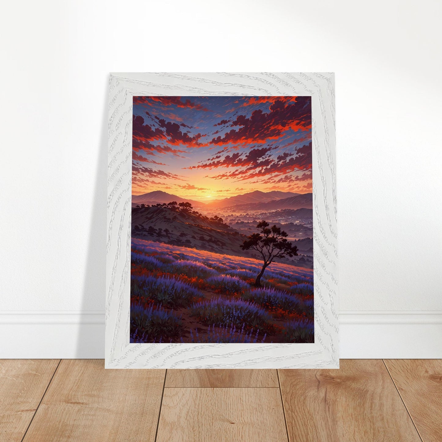 Affiche Champ de lavande Encadrée, cadre blanc 15x20 cm