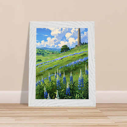Affiche Champ de lupin bleu et violet Encadrée, cadre blanc 15x20 cm