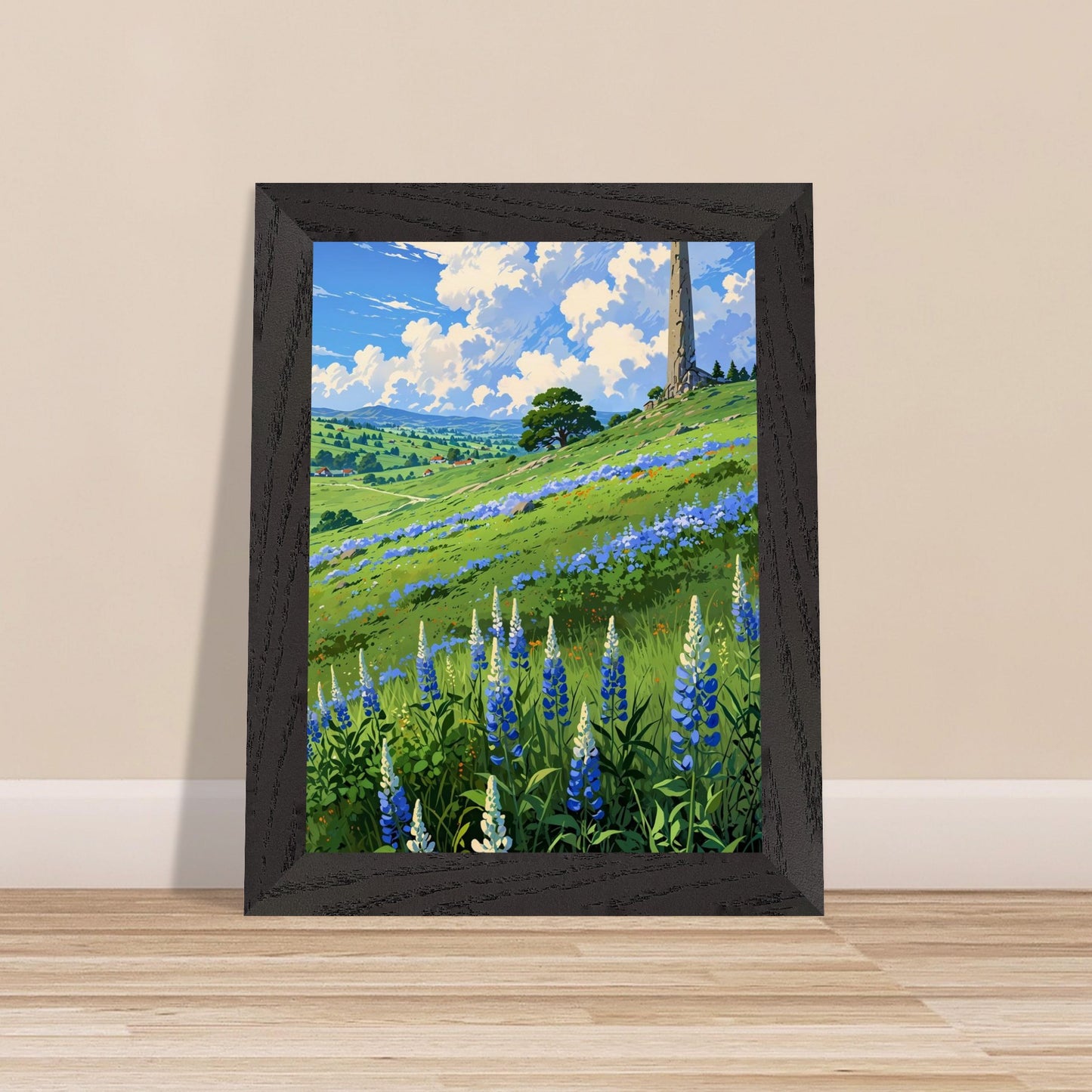 Affiche Champ de lupin bleu et violet Encadrée, cadre noir 15x20 cm