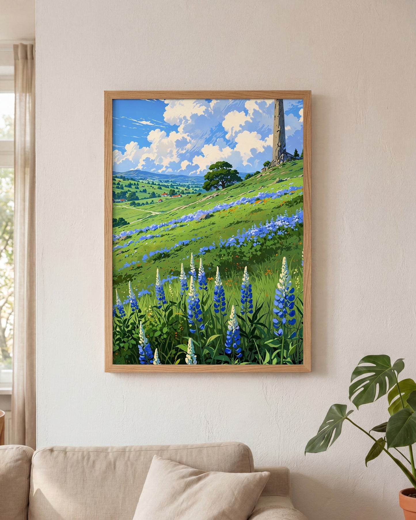 Affiche Champ de lupin bleu et violet Encadrée, mockup en situation dans un interieur, Muchimura