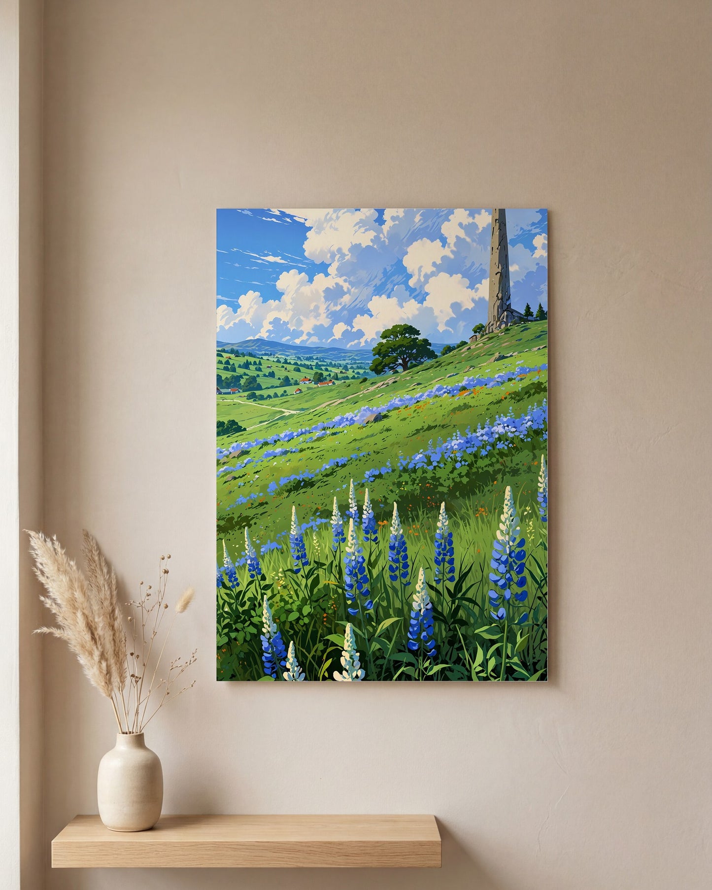 Affiche Champ de Lupin Bleu et Violet, mockup sur un mur epure, Muchimura
