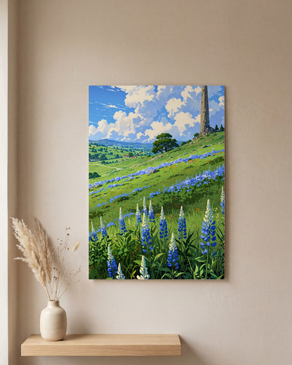Affiche Champ de Lupin Bleu et Violet, mockup sur un mur epure, Muchimura