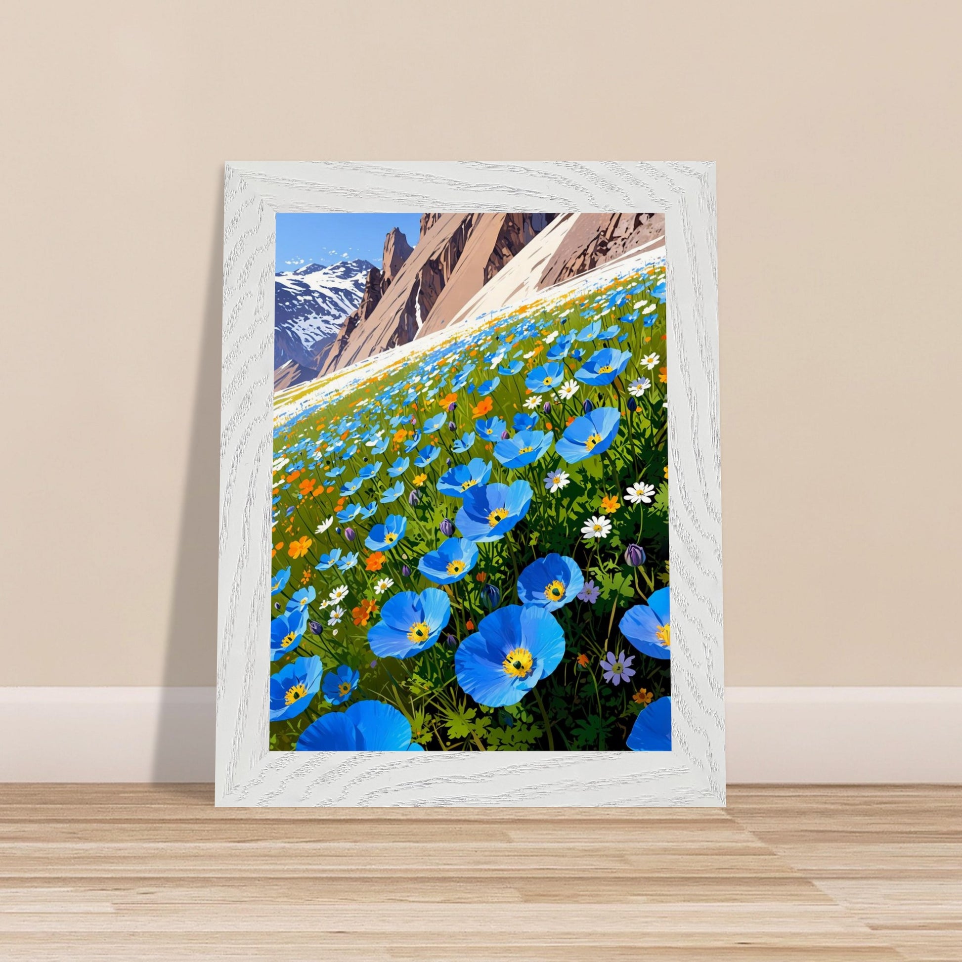 Affiche Champ de pavots bleus de l'Himalaya Encadrée, cadre blanc 15x20 cm