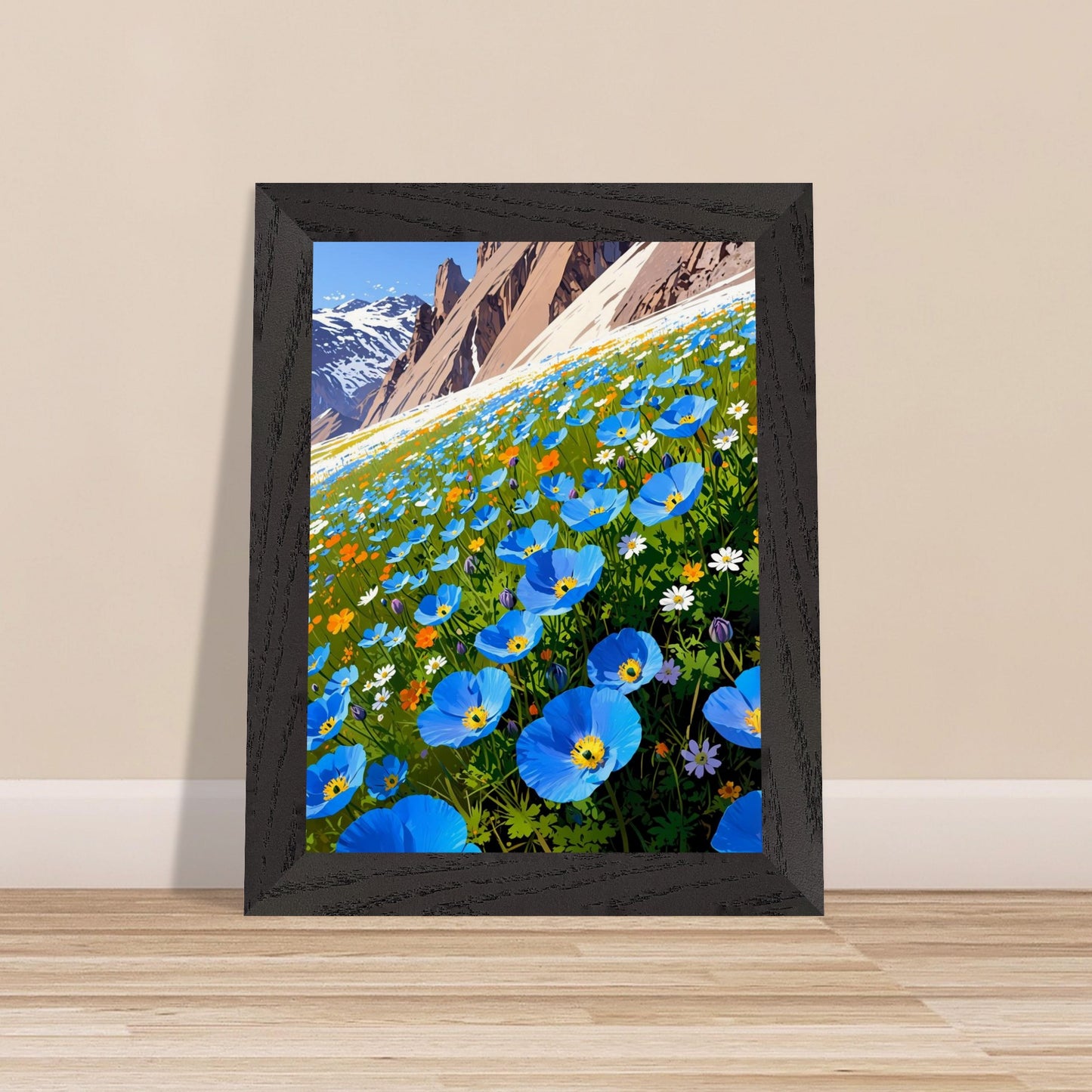 Affiche Champ de pavots bleus de l'Himalaya Encadrée, cadre noir 15x20 cm