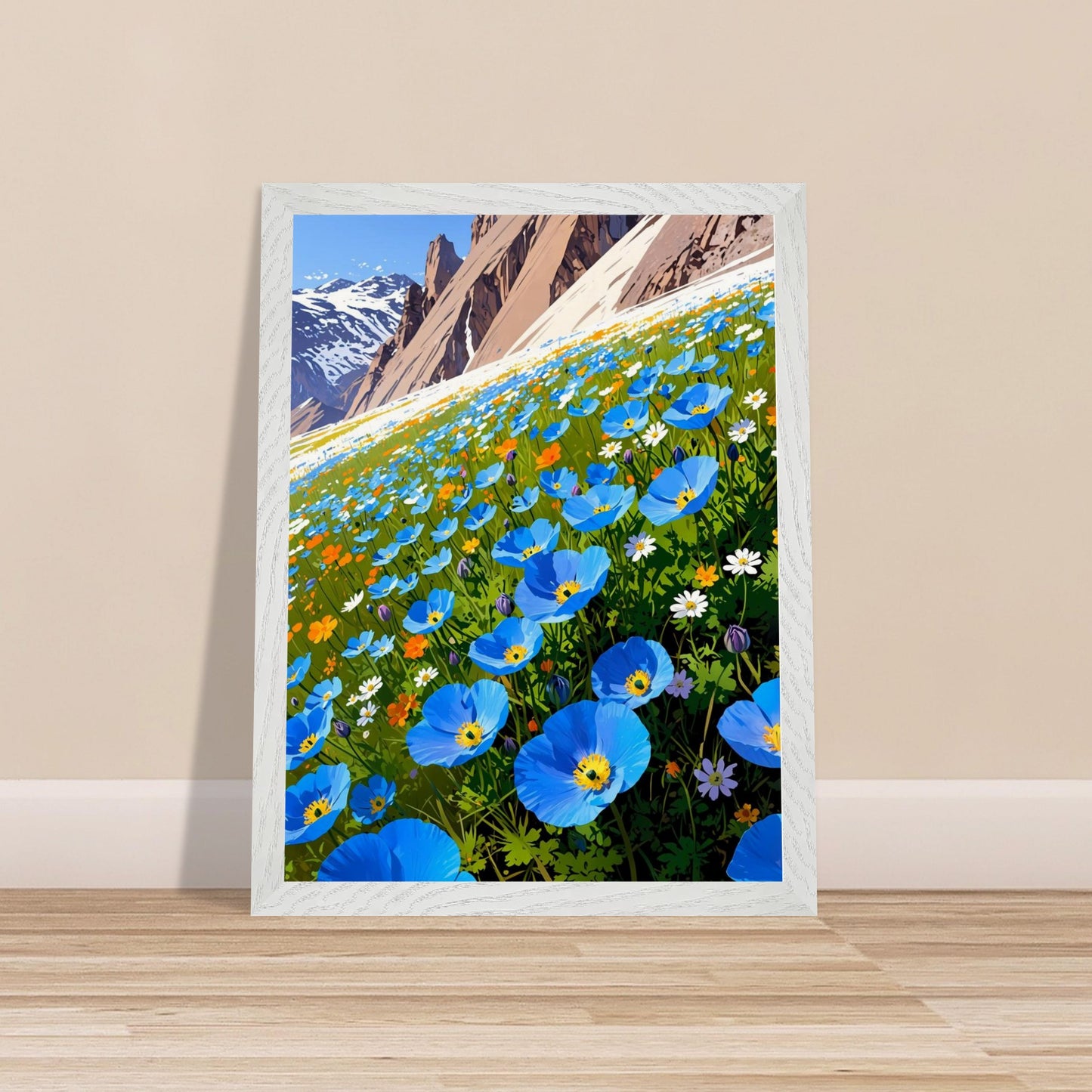Affiche Champ de pavots bleus de l'Himalaya Encadrée, cadre blanc 30x40 cm