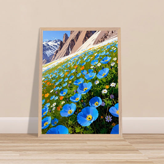 Affiche Champ de pavots bleus de l'Himalaya Encadrée, cadre bois 45x60 cm