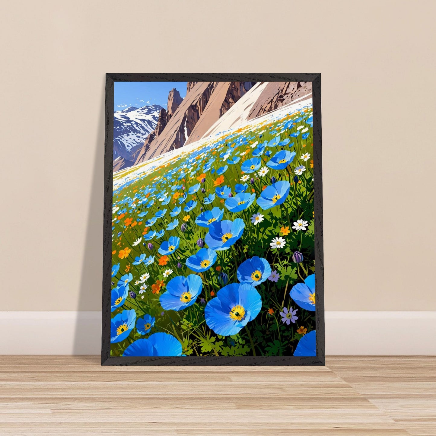 Affiche Champ de pavots bleus de l'Himalaya Encadrée, cadre noir 45x60 cm