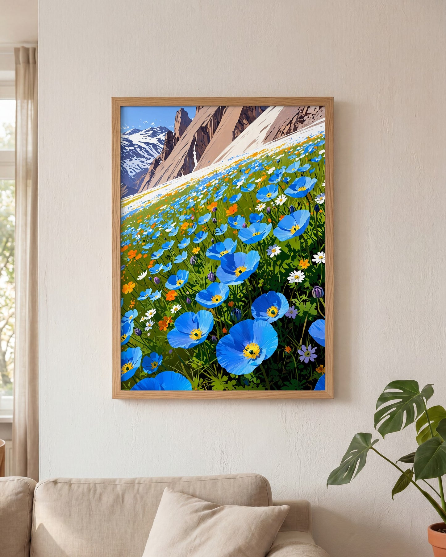 Affiche Champ de pavots bleus de l'Himalaya Encadrée, mockup en situation dans un interieur, Muchimura