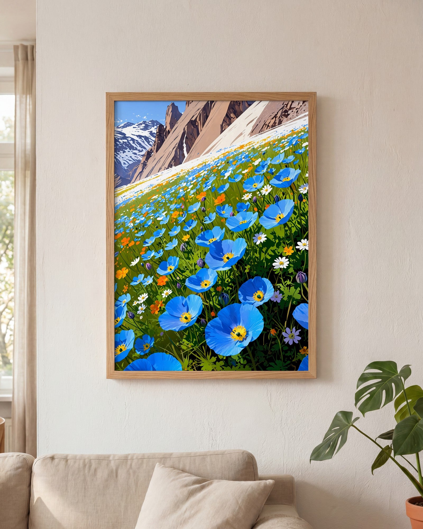 Affiche Champ de pavots bleus de l'Himalaya Encadrée, mockup en situation dans un interieur, Muchimura