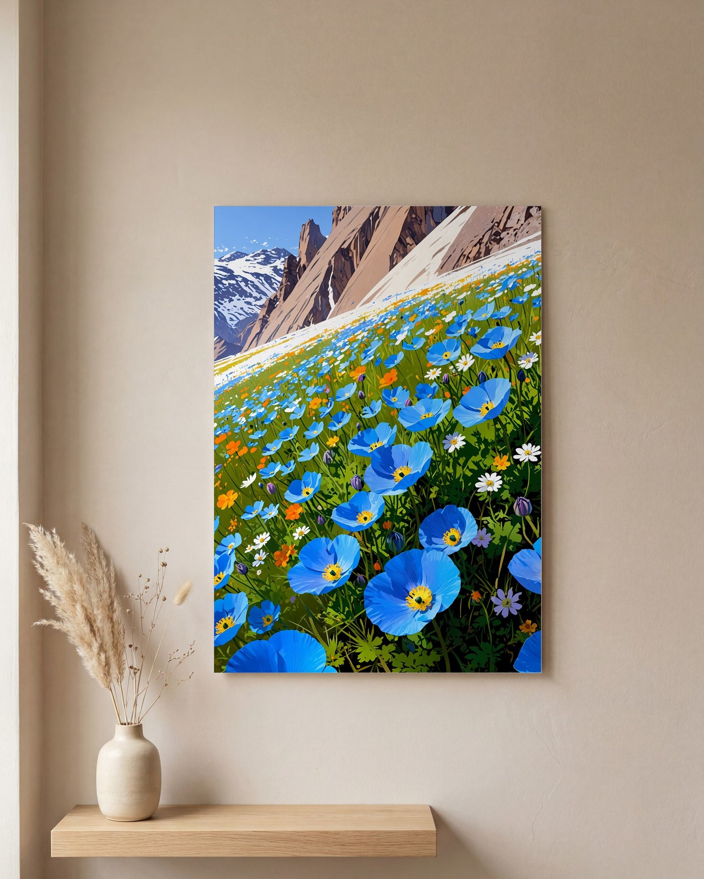 Affiche Champ de pavots bleus de l'Himalaya, mockup sur un mur epure, Muchimura