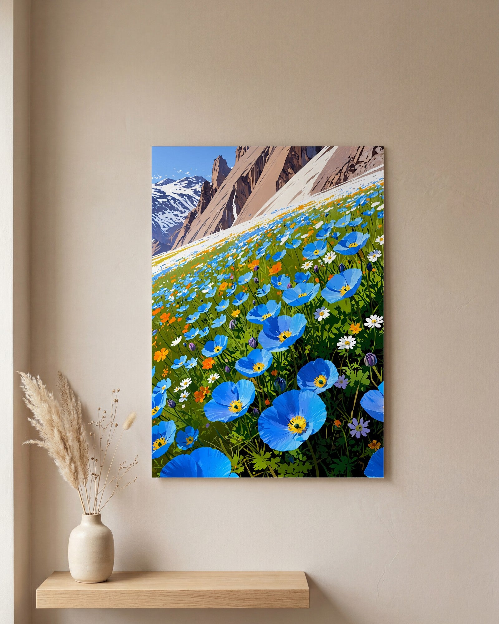 Affiche Champ de pavots bleus de l'Himalaya, mockup sur un mur epure, Muchimura