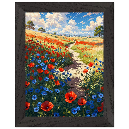 Affiche Champ de pavots et bleuets Encadrée, cadre noir 15x20 cm
