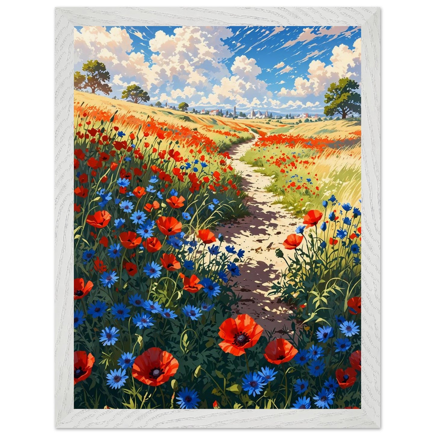 Affiche Champ de pavots et bleuets Encadrée, cadre blanc 30x40 cm