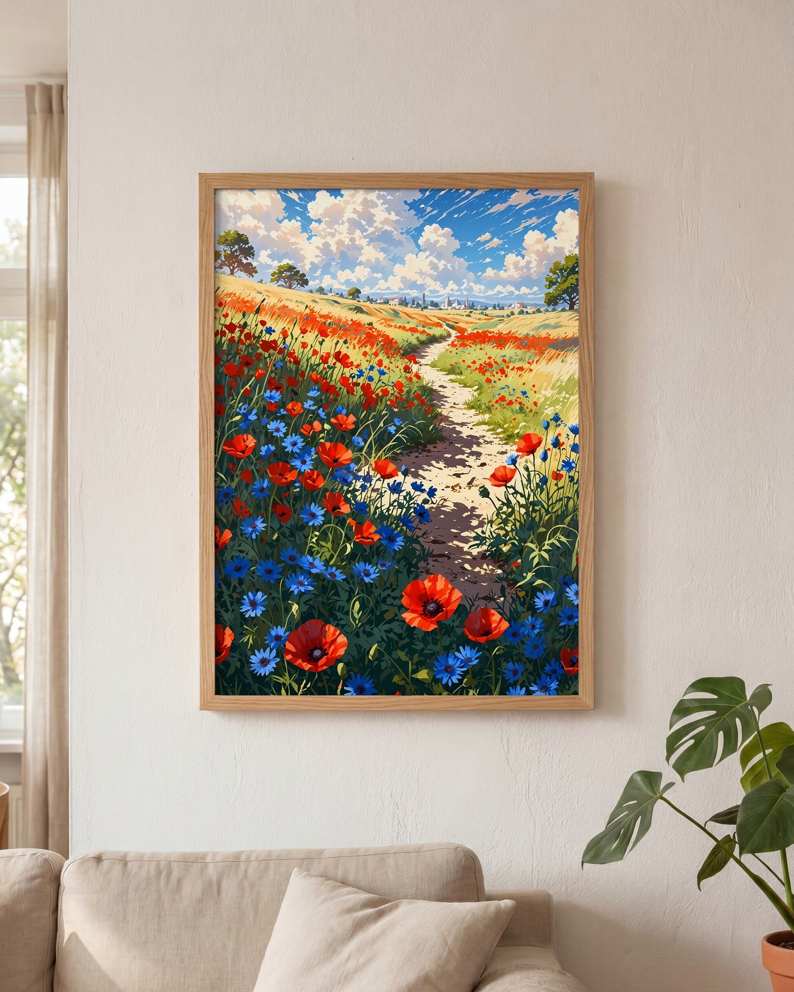 Affiche Champ de pavots et bleuets Encadrée, mockup en situation dans un interieur, Muchimura