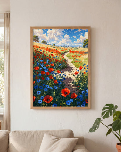 Affiche Champ de pavots et bleuets Encadrée, mockup en situation dans un interieur, Muchimura